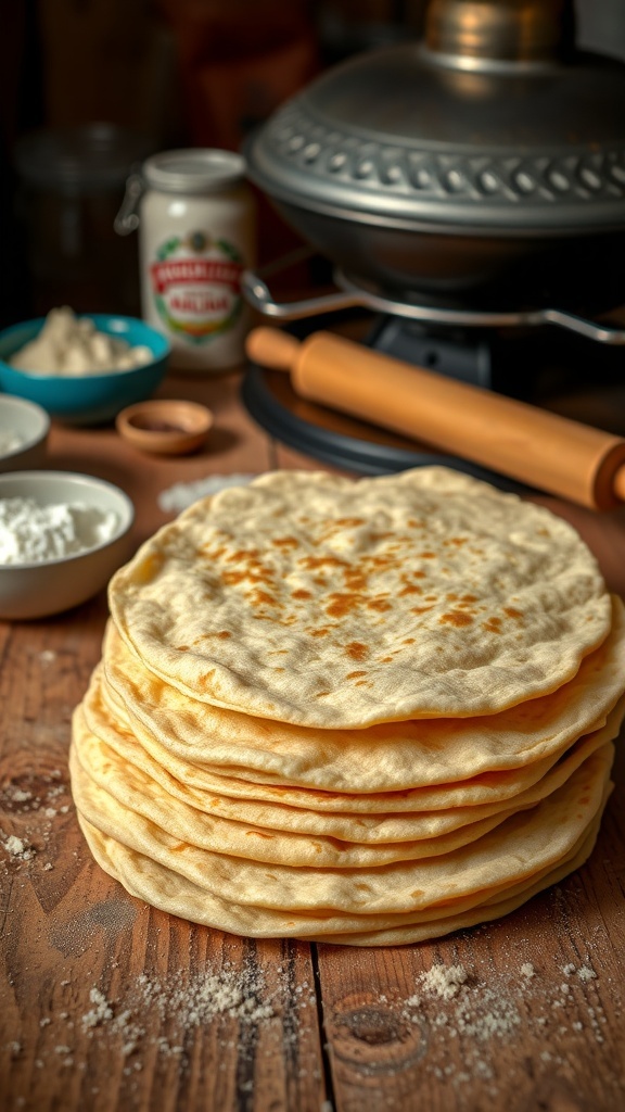 Homemade Corn Tortillas Recipe Freshly made corn tortillas stacked on a wooden table, with a comal and masa harina in the background.